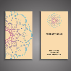 Visiting card and business card set with mandala design element logo. Abstract oriental Layout. Front page and back page
