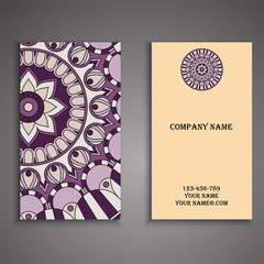 Visiting card and business card set with mandala design element logo. Abstract oriental Layout. Front page and back page