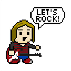 Obraz premium Pixel art guitar player with speech bubble