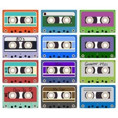 Twenty colorful plastic audio cassette tape