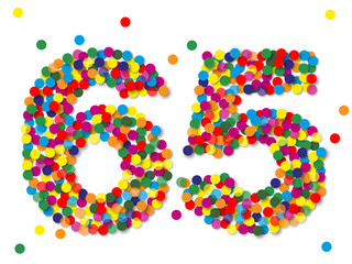 Konfetti Zahlen, Zahl 65, bunt, papier, vektor 