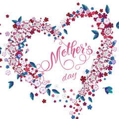 Floral heart, Mothers Day lettering. Spring holidays. Vector Illustration EPS10.