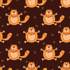 Cartoon seamless pattern with fat cat on a brown background.  Funny animal. 