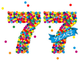 Konfetti Zahlen, Zahl 77 years, bunt, papier, vektor 