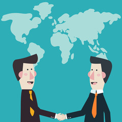Two businessmen shake hands over world map. Concept of international partnership, cooperation and teamwork in business