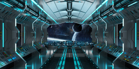 Spaceship interior with view on distant planets system 3D rendering elements of this image furnished by NASA