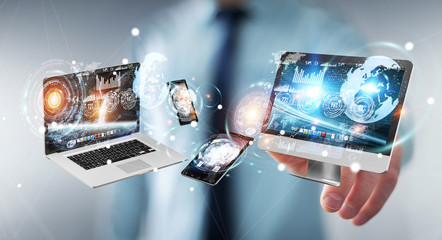 Businessman connecting tech devices to each other 3D rendering