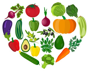 Healthy heart with healthy food diet concept. Vector illustration in flat style