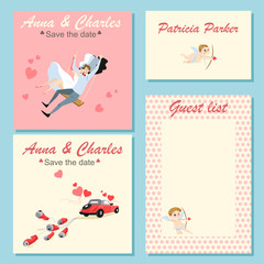 Collection of wedding invitation cards with a cute colorful illustrations of a  couple on a swing, wedding car and cupids in cartoon style. 
