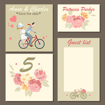 Set of wedding invitation cards and labels with a floral pattern and illustration of a couple on a bicycle. Templates