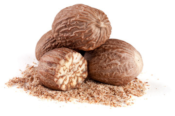 four nutmeg and powder isolated on white background