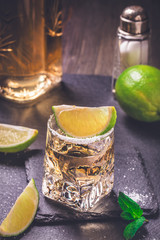 Shot glass of tequila gold with lime and salt. Toned