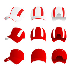 Strip baseball cap red color with colored mesh and adjustable rubber strap isolated vector set