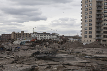 Fototapeta premium NEW YORK - November 1: Large section of the iconic boardwalk was washed away during Hurricane Sandy in Far Rockaway area October 29, 2012 in New York City, NY
