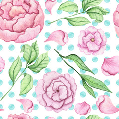 Seamless Pattern of Watercolor Flowers, Petals and Leaves on Dotted Background