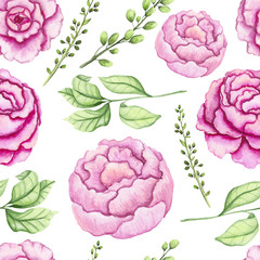 Seamless Pattern of Watercolor Peonies, Leaves and Herbs