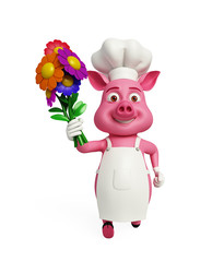  3d Chef Pig with flowers.
