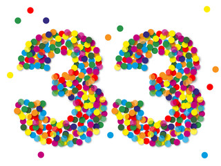 Konfetti Zahlen, Zahl 33, bunt, papier, vektor 
