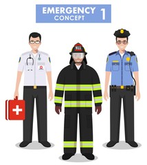 Emergency concept. Detailed illustration of firefighter, doctor and policeman in flat style on white background. Vector illustration.