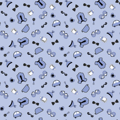 baby boy background. Little man seamless pattern. Blue, grey, cream color. Illustration of baby clothes, mustaches, bow ties, hats, pacifier, booties, pacifier, car