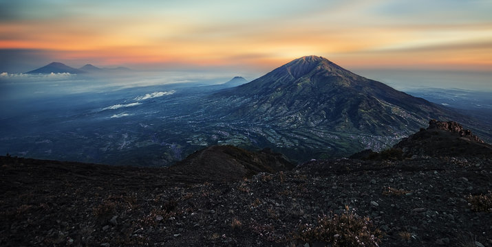 Merbabu volcano in Java viewed from Merapi