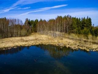 drone image. aerial view of rural area with forest lake