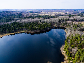 drone image. aerial view of rural area with forest lake