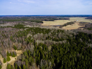 drone image. aerial view of rural area with forest lake