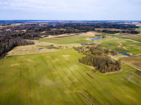 drone image. aerial view of rural area with freshly green fields