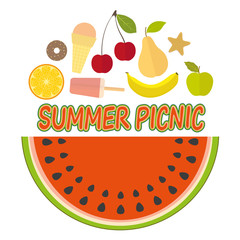 Vector poster for summer picnic with sliced watermelon and fruit