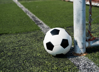 soccer ball on stadium grass line.