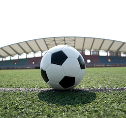 soccer ball on stadium grass line.