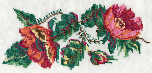 Cross stitch with pink peony bouquet