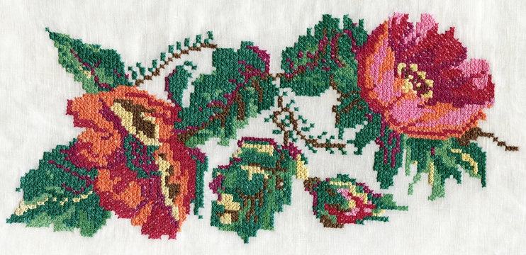 Cross stitch with pink peony bouquet