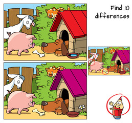 Little pig, goat, cat and dog sleeping in a doghouse. Find 10 differences. Educational game for children. Cartoon vector illustration
