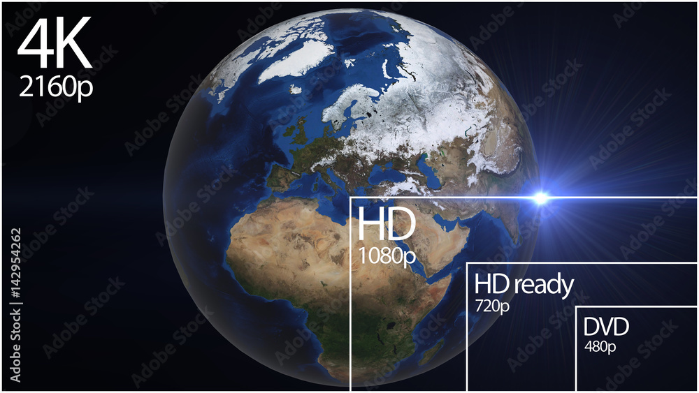 Poster 4k television resolution display with comparison of resolutions. 3d render