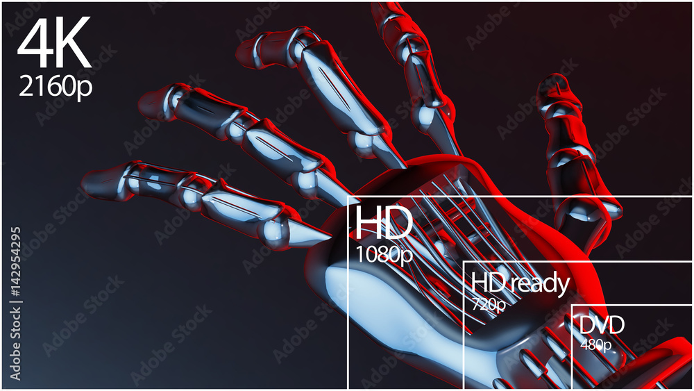Poster 4k television resolution display with comparison of resolutions. 3d render
