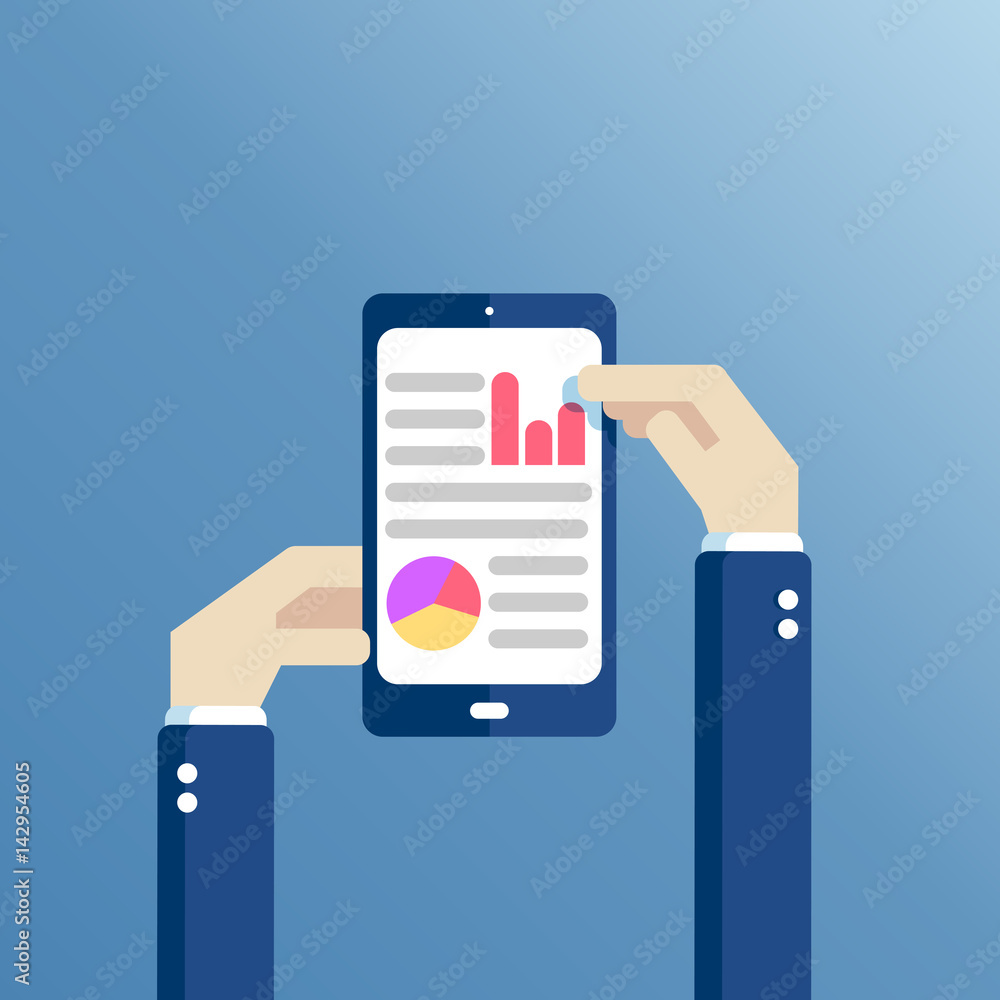 Poster hands holding a smartphone with graphs and charts on the screen, flat design illustration. data anal
