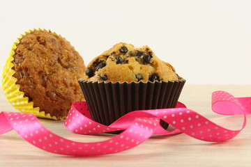 Chocolate muffins on the table. Holiday Decorations