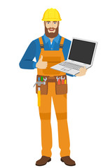 Worker with laptop notebook showing the thumb up