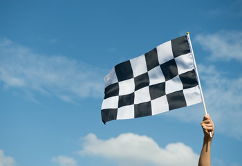 checkered race flag in hand.