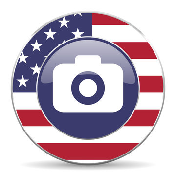 Photo camera usa design web american round internet icon with shadow on white background.