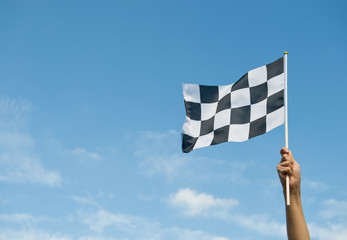 checkered race flag in hand.