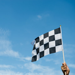 checkered race flag in hand.