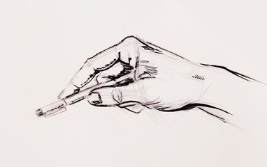 sketch of hand holding pen, on white paper background.