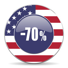 70 percent sale retail usa design web american round internet icon with shadow on white background.