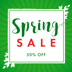 Spring sale green banner. Spring sale banner template with paper leaf on green radial lines background. Vector illustration