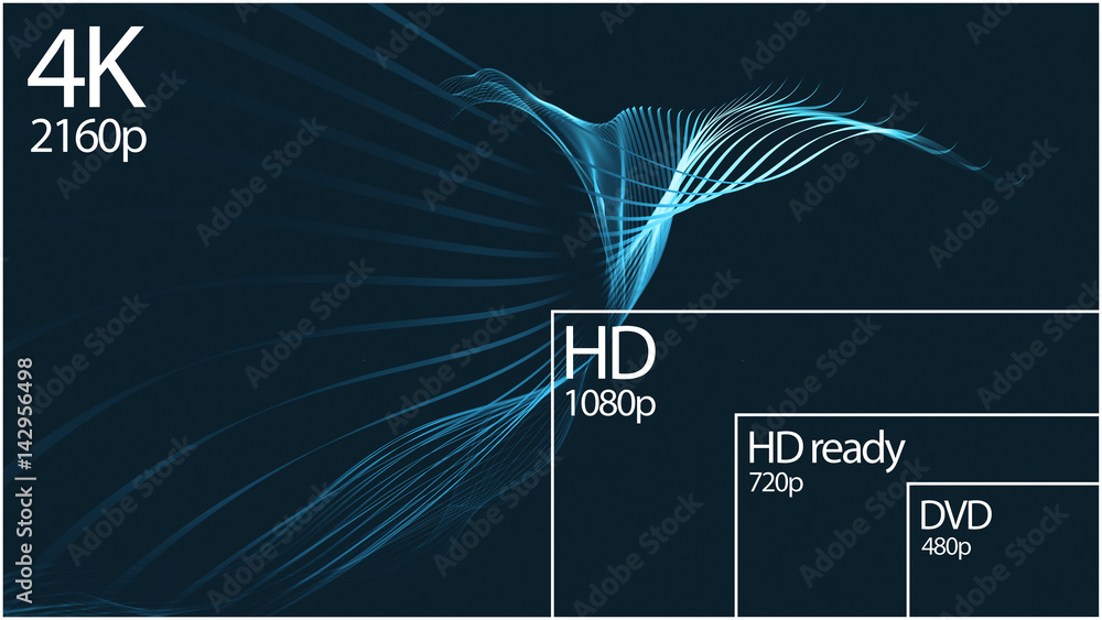 Poster 4k television resolution display with comparison of resolutions. 3d render