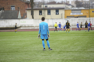Obraz premium Rear view of soccer goalkeeper