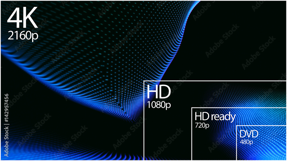 Poster 4k television resolution display with comparison of resolutions. 3d render